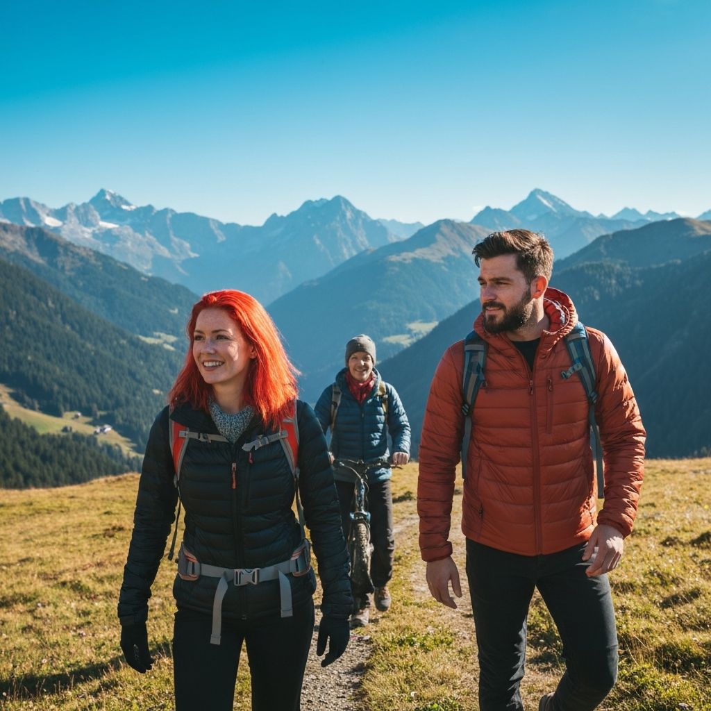 People in outdoor mountain environment engaged in peaceful active pursuits